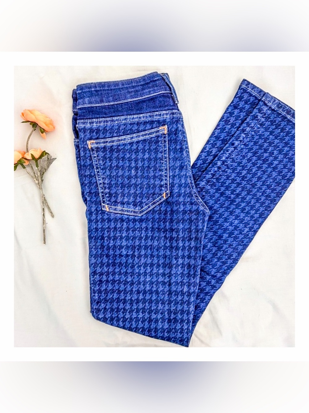 Anthro Pilcro Houndstooth Print Jeans Size 27 Blue Skinny Stretch Denim Mid-Rise